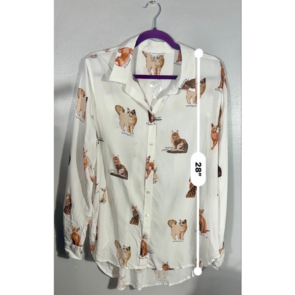 Women's JANE + DELANCEY White Brown Cat Print Button Down Shirt XL - Picture 5 of 8